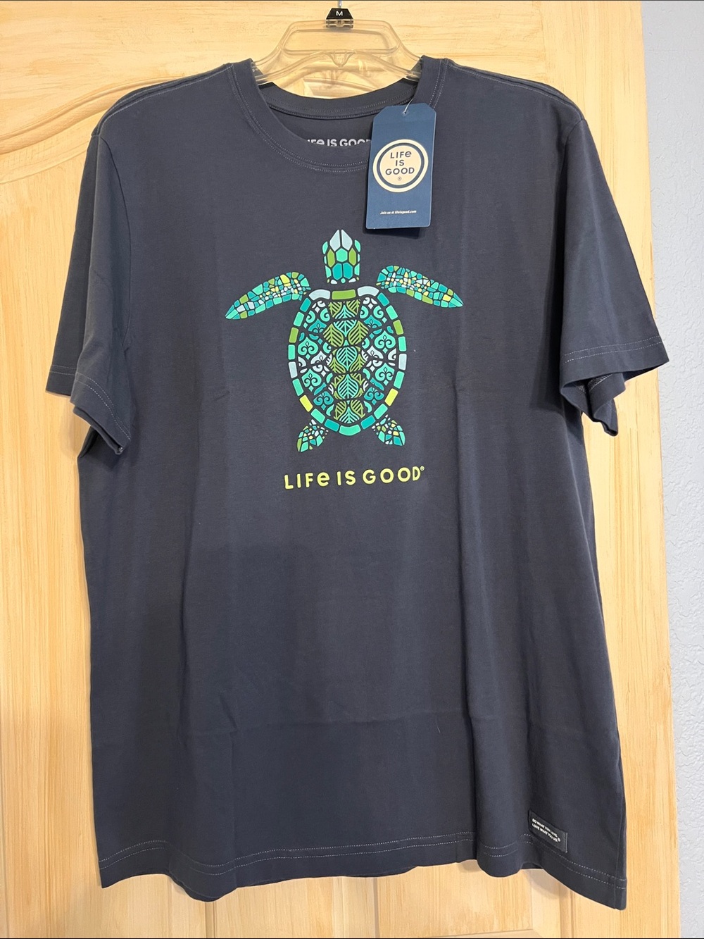 Life Is Good Men's Navy Short Sleeve Tee with Green & Teal Turtle Graphic
